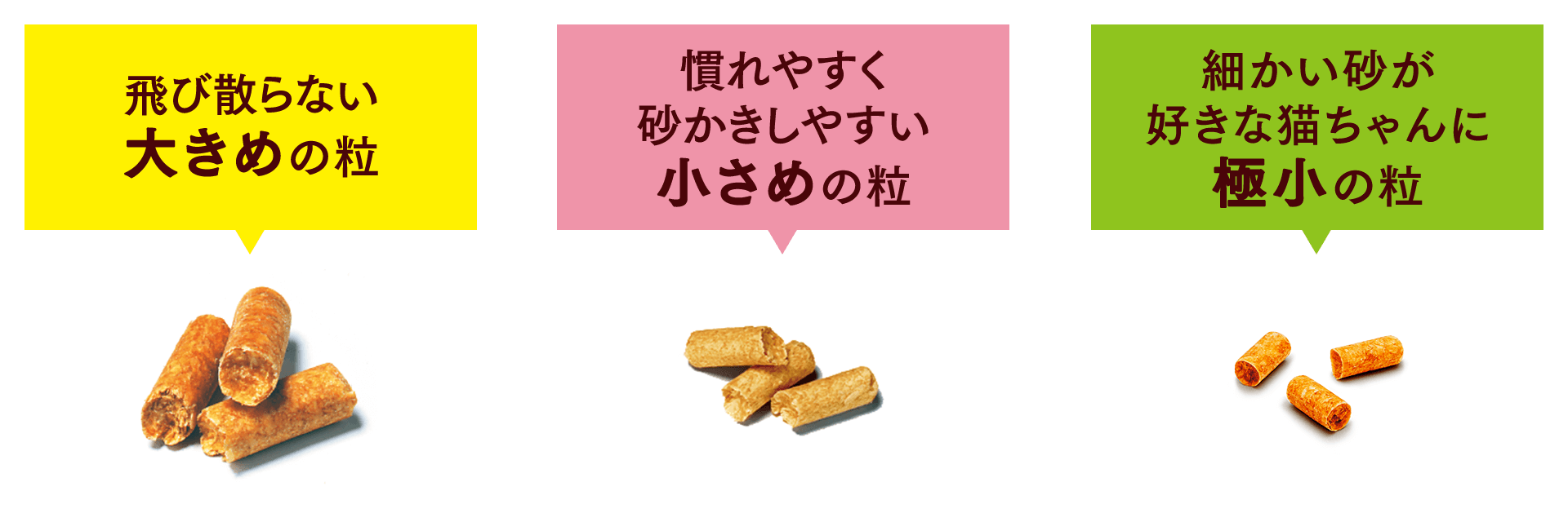 飛び散らない大きめの粒、慣れやすく砂かきしやすい小さめの粒、細かい砂が好きな猫ちゃんに極小の粒