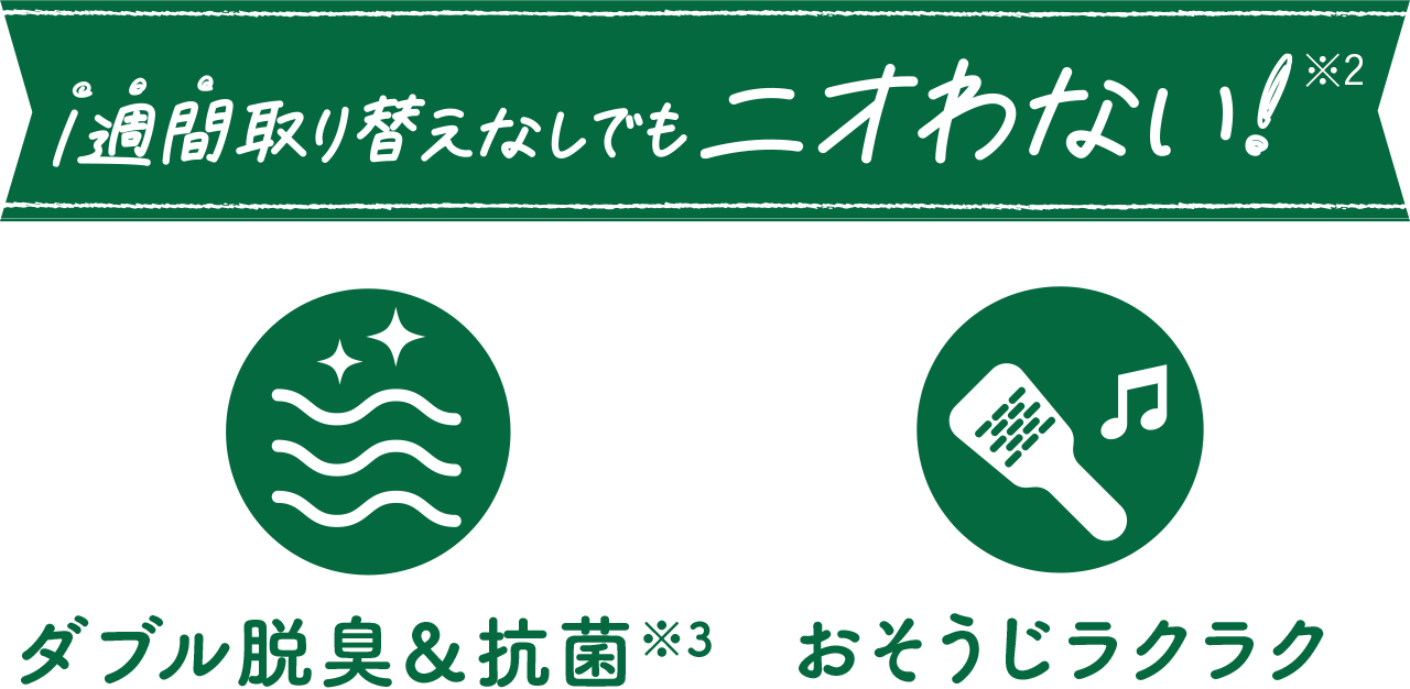 1週間取り替えなしでもニオわない！ダブル脱臭＆抗菌、お掃除ラクラク