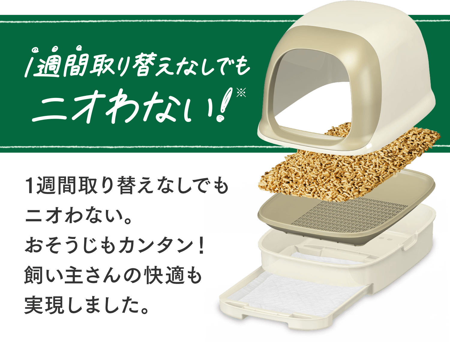 1週間取り替えなしでもニオわない！おそうじもカンタン！飼い主さんの快適も実現しました。