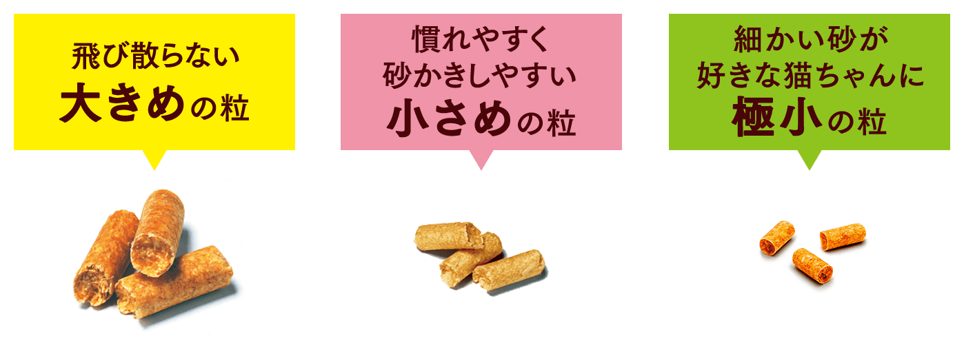 飛び散らない大きめの粒、慣れやすく砂かきしやすい小さめの粒、細かい砂が好きな猫ちゃんに極小の粒