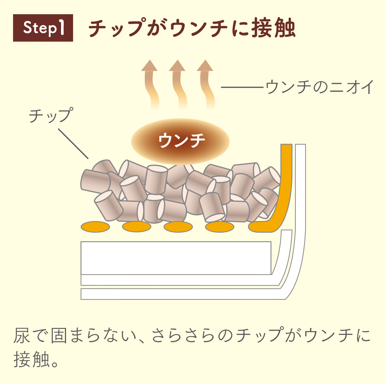 Step1 尿で固まらない、さらさらのチップがウンチに接触。