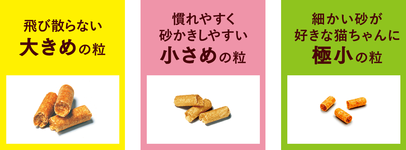 飛び散らない大きめの粒、慣れやすく砂かきしやすい小さめの粒、細かい砂が好きな猫ちゃんに極小の粒