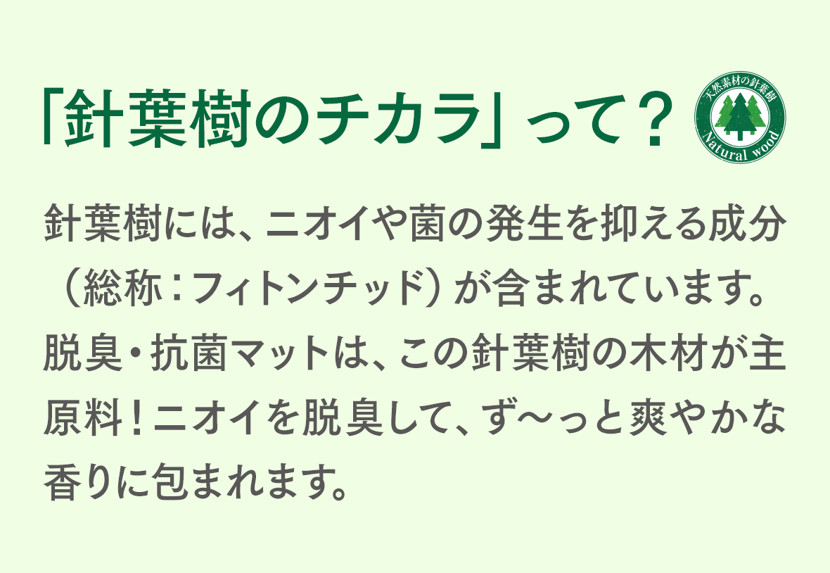 「針葉樹のチカラ」って？　針葉樹には、ニオイや菌の発生を抑える成分（総称：フィトンチッド）が含まれています。脱臭・抗菌チップは、この針葉樹の木材が主原料！ニオイを脱臭して、ず～っと爽やかな香りに包まれます。