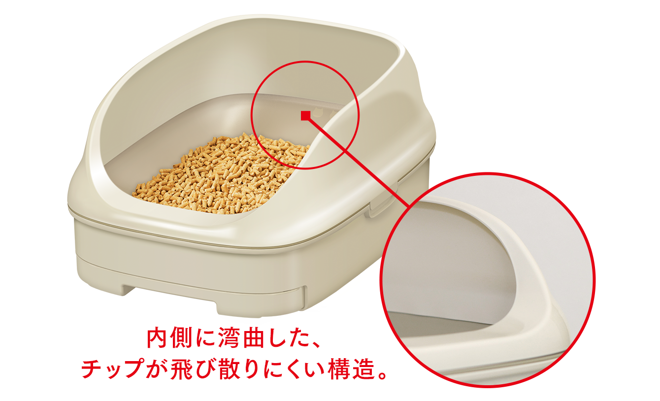 内側に湾曲した、チップが飛び散りにくい構造。