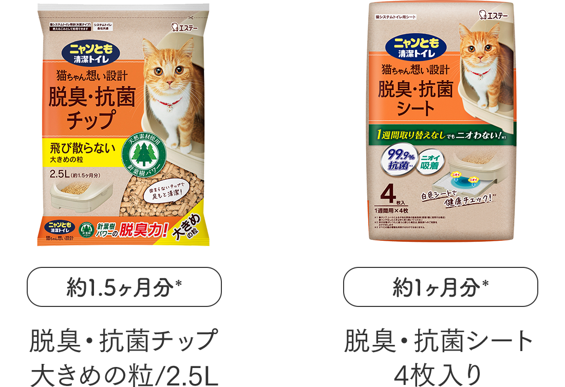 脱臭・抗菌チップ  大きめの粒/2.5L 約1.5ヶ月分／脱臭・抗菌シート 4枚入り 約1ヶ月分