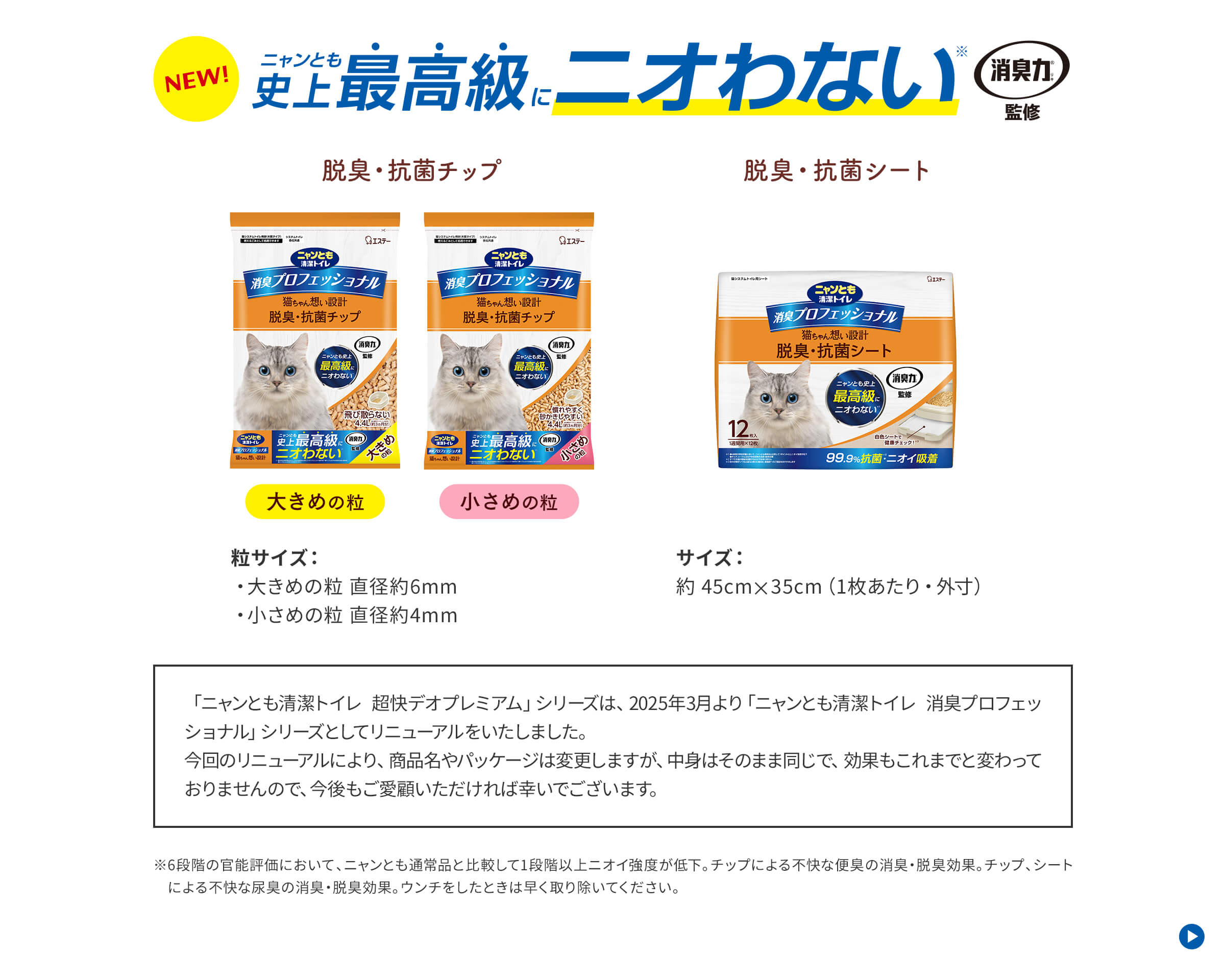 ニャンとも史上最高級にニオわない 脱臭・抗菌チップ 粒サイズ：大きめの粒 直径約6mm・小さめの粒 直径約4mm／脱臭・抗菌シート サイズ：約 45cm×35cm（1枚あたり・外寸）