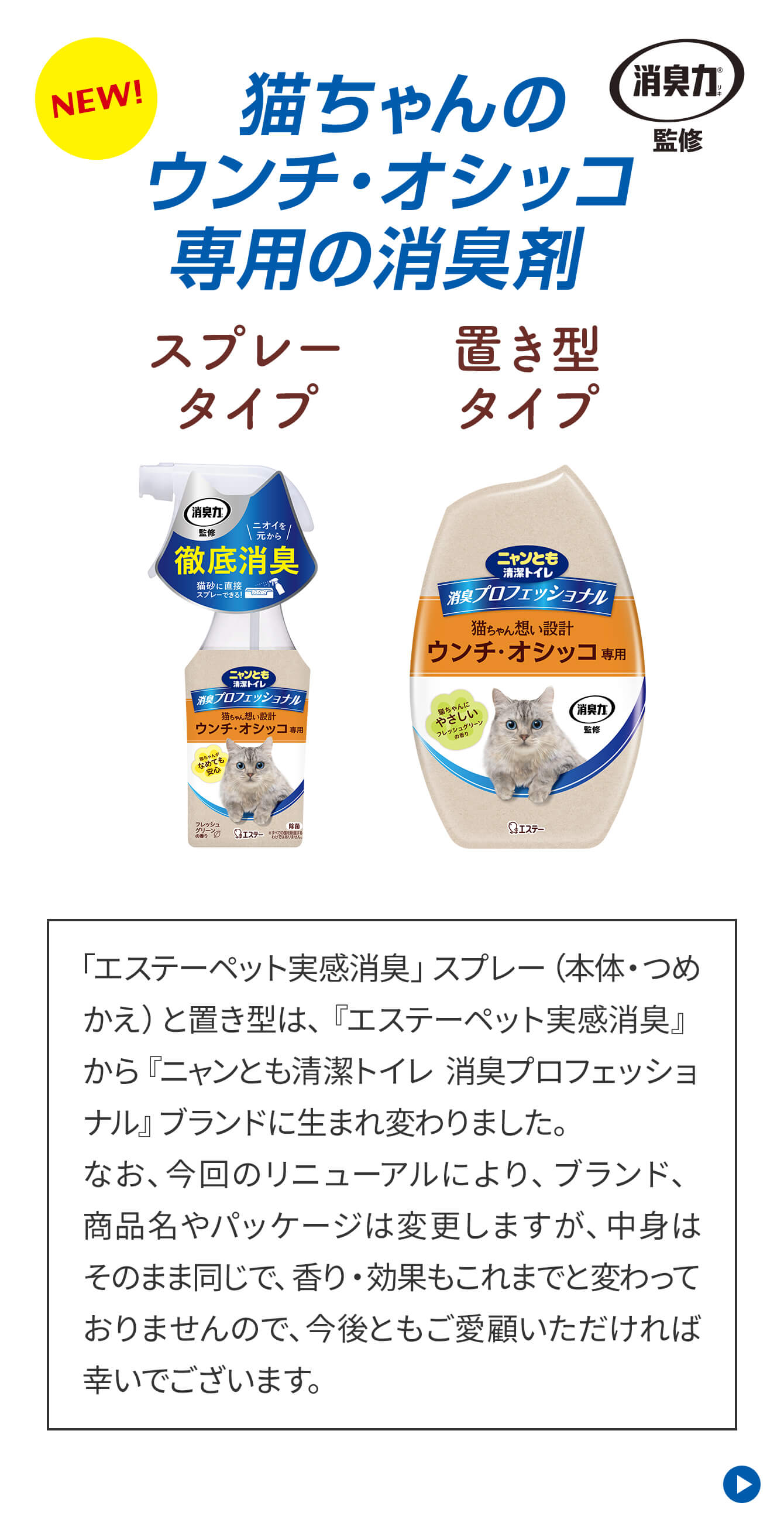 猫ちゃんのウンチ・オシッコ専用の消臭剤 スプレータイプ／置き型タイプ