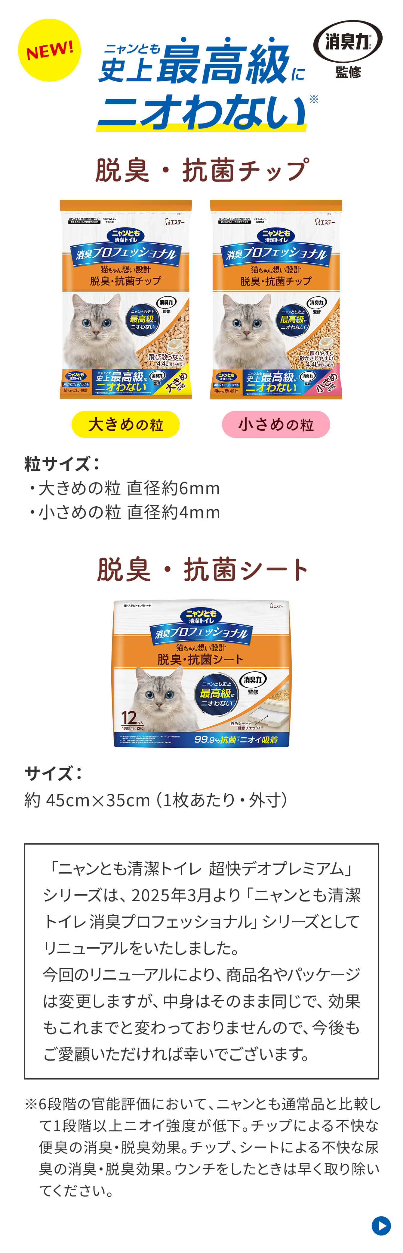 ニャンとも史上最高級にニオわない 脱臭・抗菌チップ 粒サイズ：大きめの粒 直径約6mm・小さめの粒 直径約4mm／脱臭・抗菌シート サイズ：約 45cm×35cm（1枚あたり・外寸）