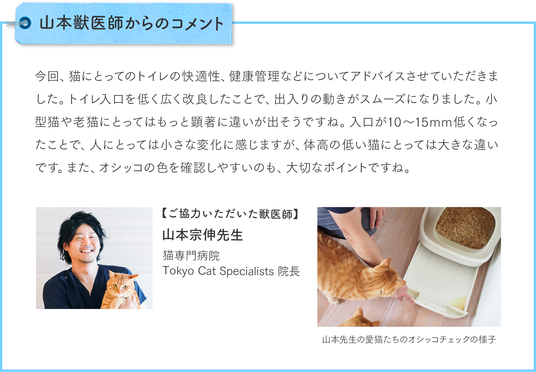 山本獣医師からのコメント 今回、猫にとってのトイレの快適性、健康管理などについてアドバイスさせていただきました。トイレ入口を低く広く改良したことで、出入りの動きがスムーズになりました。小型猫や老猫にとってはもっと顕著に違いが出そうですね。入口が10〜15mm低くなったことで、人にとっては小さな変化に感じますが、体高の低い猫にとっては大きな違いです。また、オシッコの色を確認しやすいのも、大切なポイントですね。ご協力いただいた獣医師 猫専門病院 Tokyo Cat Specialists 院長 山本宗伸先生