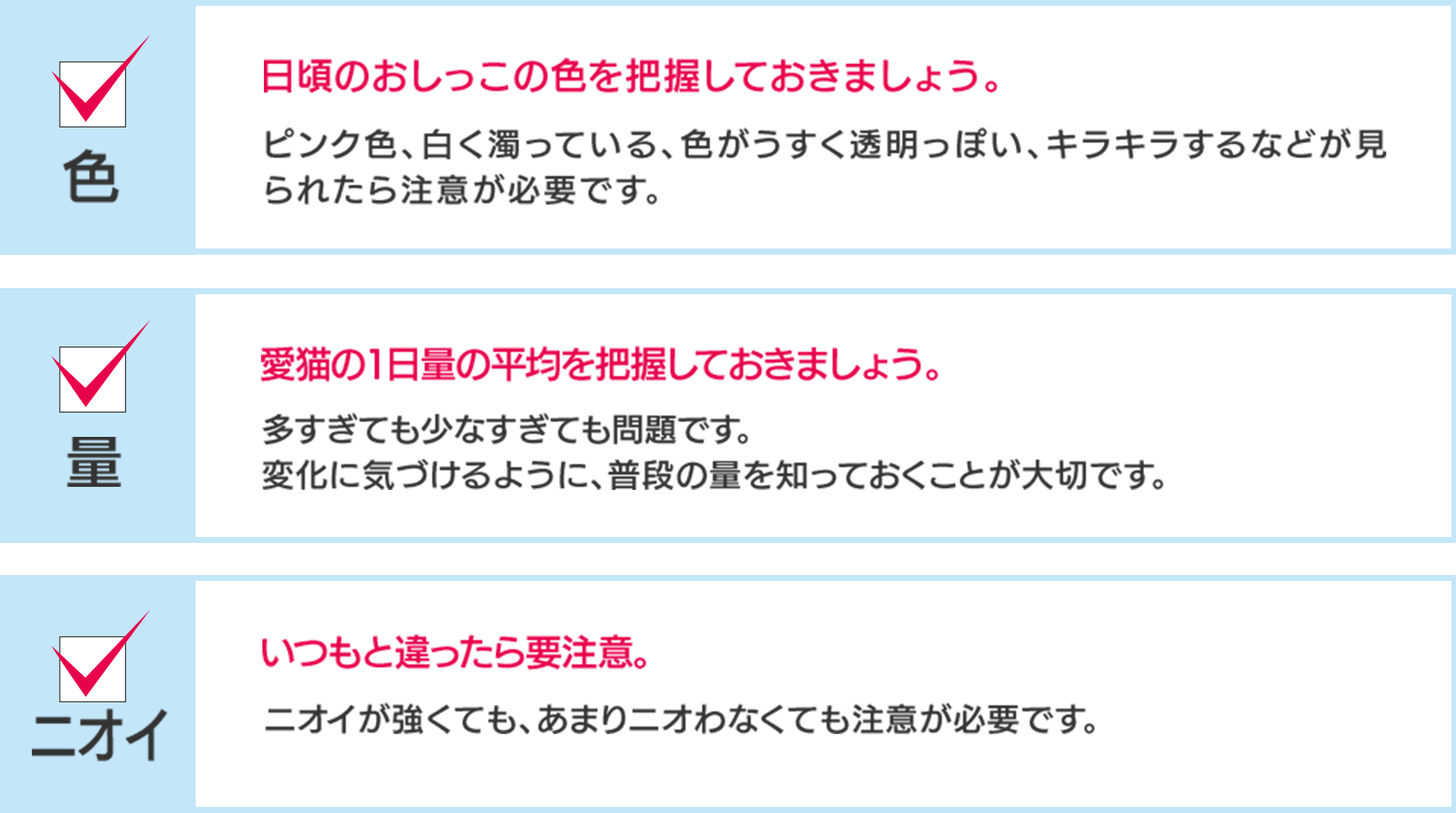 「色：日頃のおしっこの色を把握しておきましょう」「量：愛猫の1日量の平均を把握しておきましょう」「ニオイ：いつもとちがったら要注意」