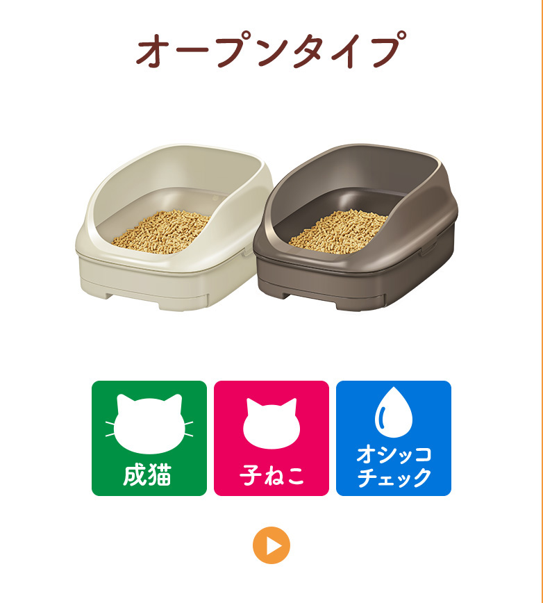 オープンタイプ（ライトベージュ・ブラウン）／おすすめシーン：成猫、子ねこ、オシッコチェック