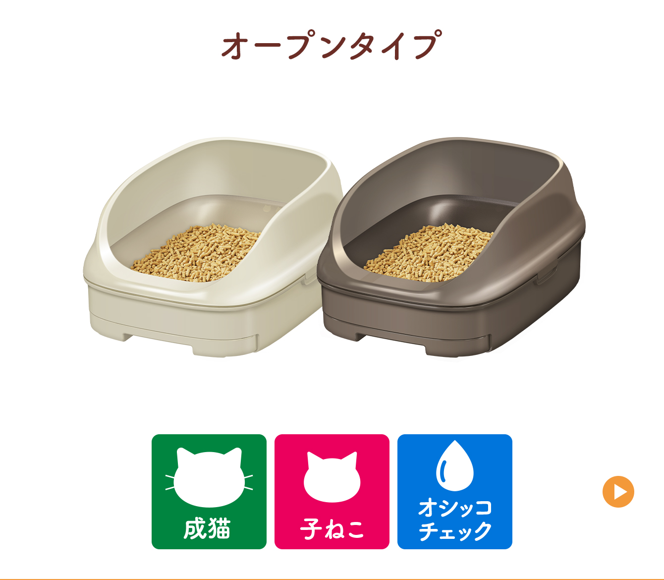 オープンタイプ（ライトベージュ・ブラウン）／おすすめシーン：成猫、子ねこ、オシッコチェック